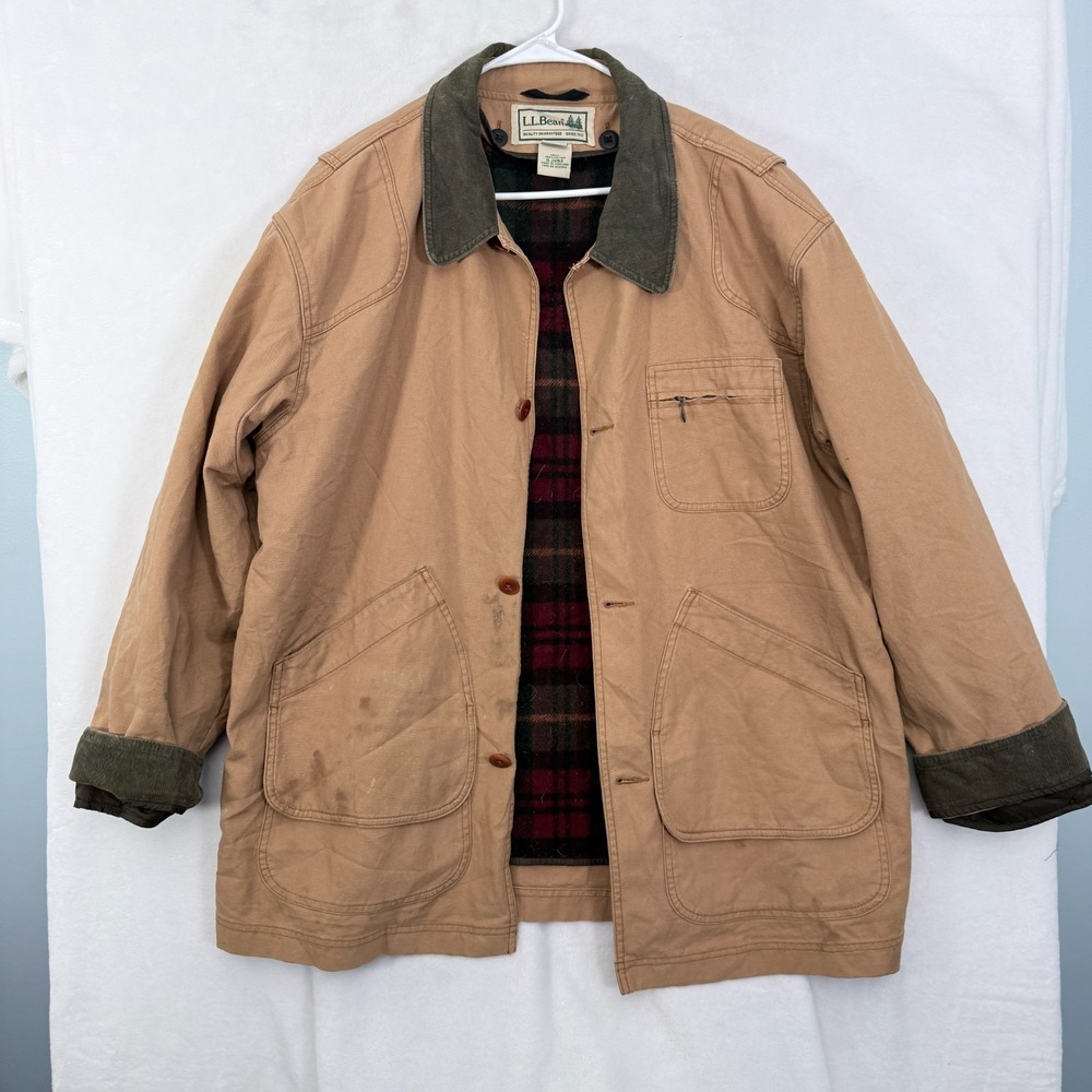 LL Bean Chore Jacket Mens XL Beige Barn Flannel Wool Line Canvas Outdoor